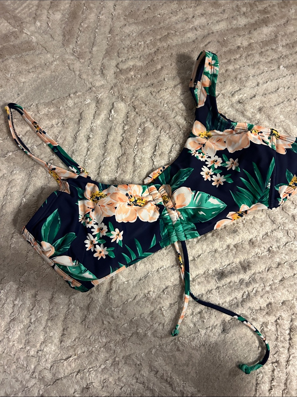 Kona Sol Navy Floral Bikini Top with Peach & Green Flowers